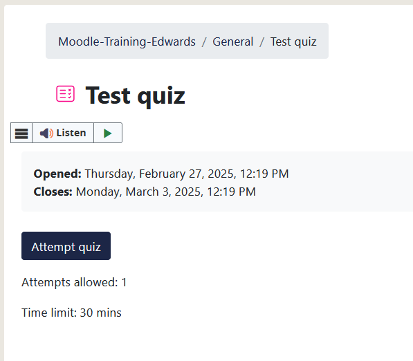 Attempt quiz page with button