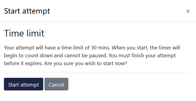 Start attempt button when click will start the quiz