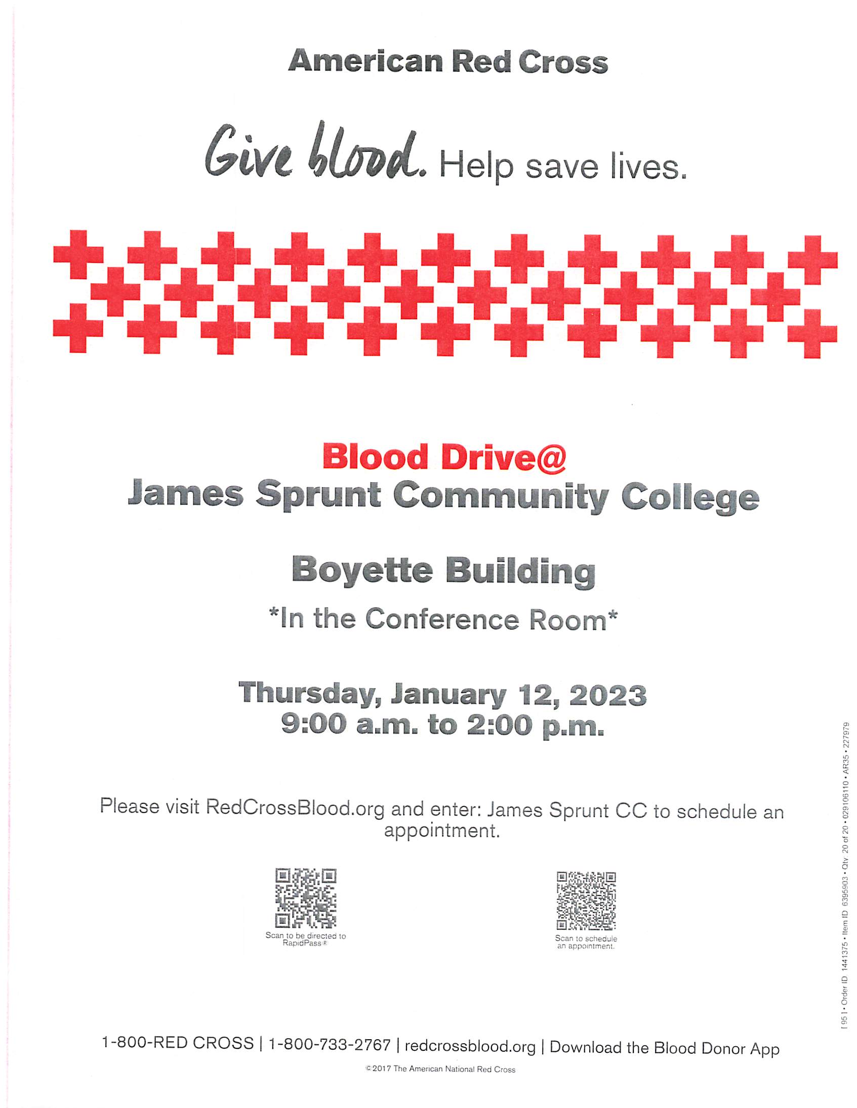 Blood drive, 9am-2pm, Boyette Building room 113. Visit RedCrossBlood.org and enter James sprunt CC to schedule appointment